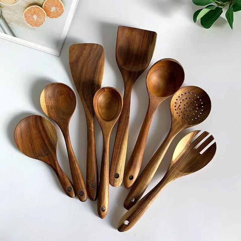 Teak Wood Kitchen Utensil Set Spoon Ladle Turner Durable Eco-Friendly