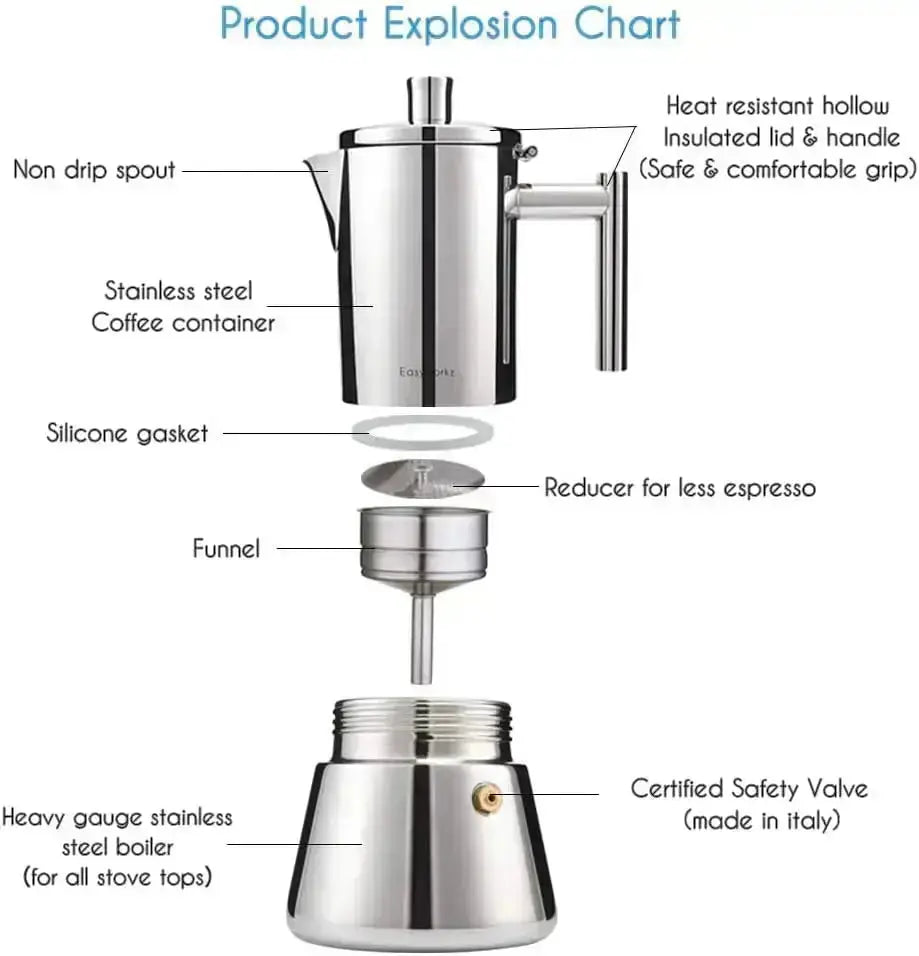 Steel Induction Moka Pot Stainless Stovetop Espresso Maker Durable