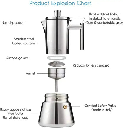 Steel Induction Moka Pot Stainless Stovetop Espresso Maker Durable