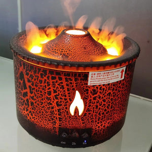 Decorative fire pit with flame effect on a white surface