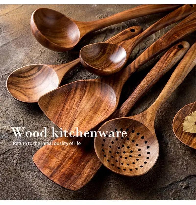 Teak Wooden Cooking Set 7-Piece Eco-Friendly Kitchen Utensils