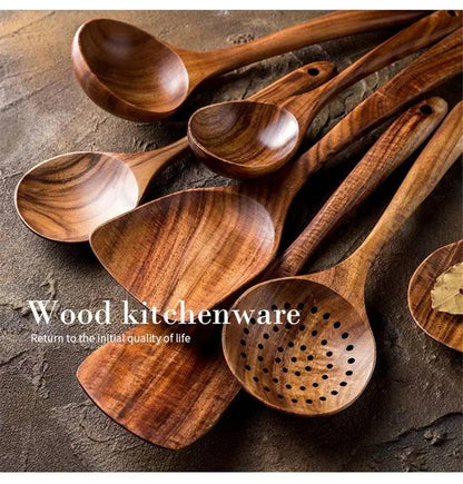 Teak Wooden Cooking Set 7-Piece Eco-Friendly Kitchen Utensils