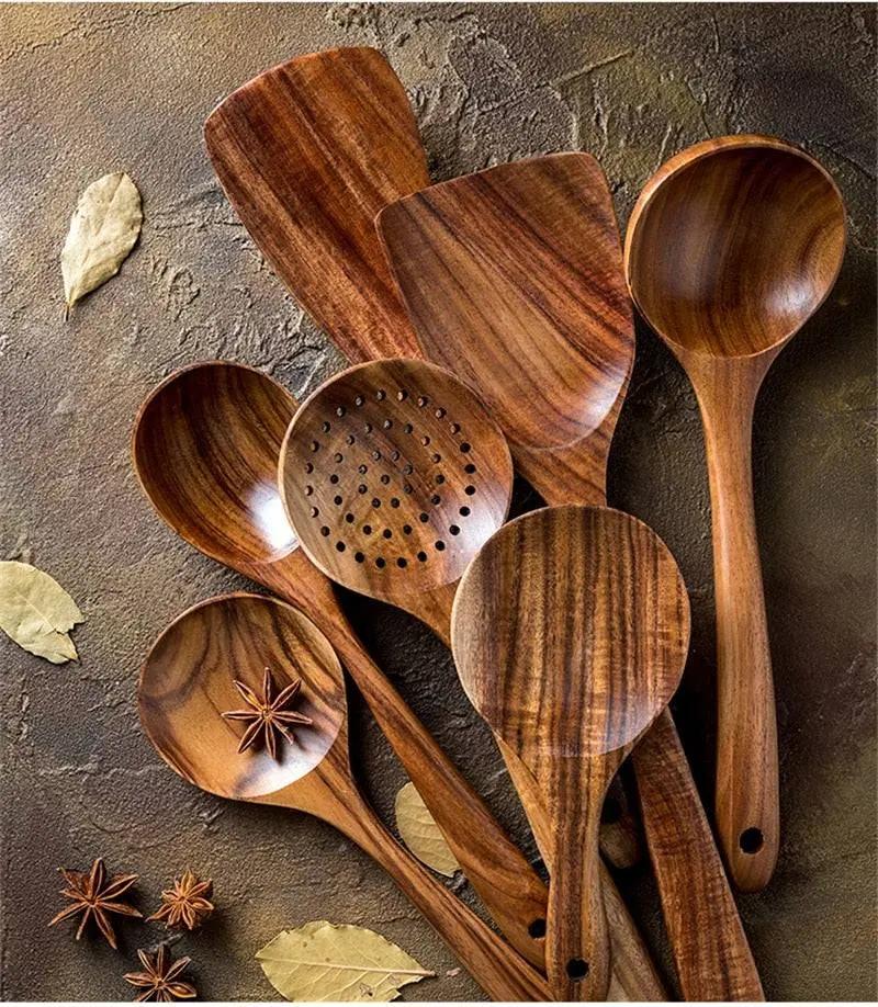 Teak Wooden Cooking Set 7-Piece Eco-Friendly Kitchen Utensils