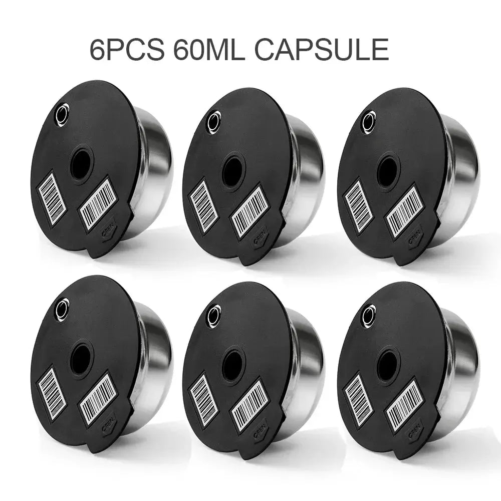 Six 60ml capsules with barcode labels on a white background