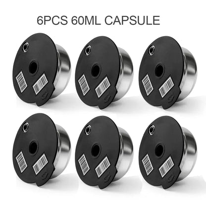 Six 60ml capsules with barcode labels on a white background