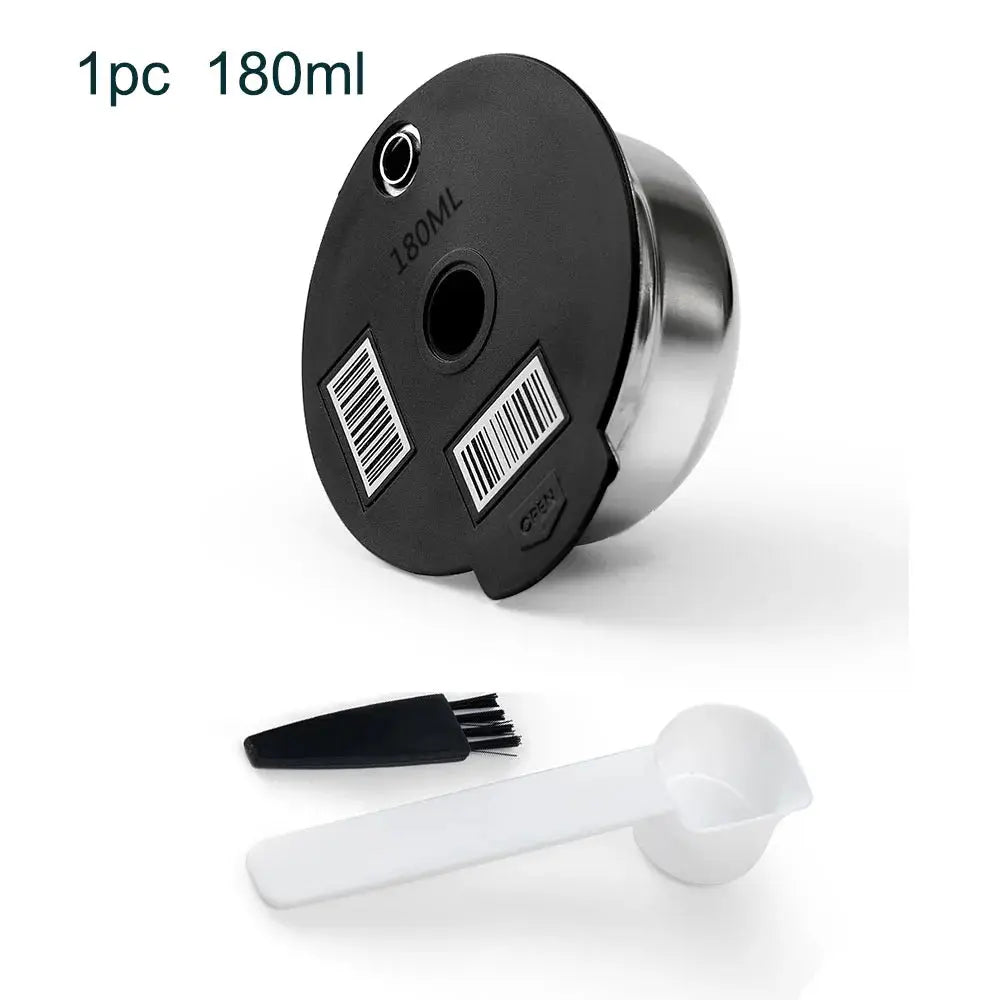 Black and silver container with a white scoop and black brush on a white background, labeled '180ml'.