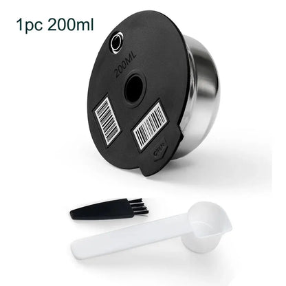 Black and silver container with a white scoop on a white background