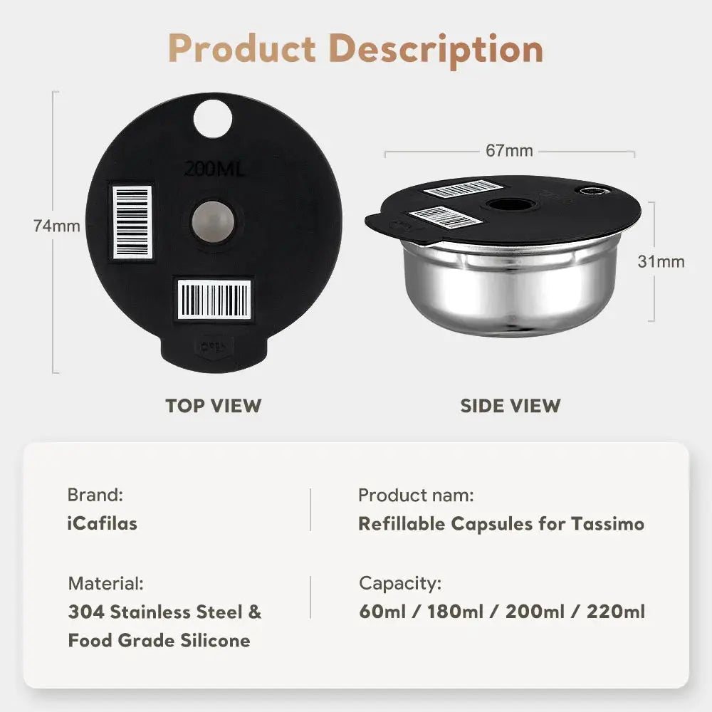 Refillable capsules for Tassimo with top and side views, brand iCafelas, material 304 Stainless Steel & Food Grade Silicone.