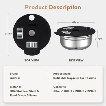 Refillable capsules for Tassimo with top and side views, brand iCafelas, material 304 Stainless Steel & Food Grade Silicone.