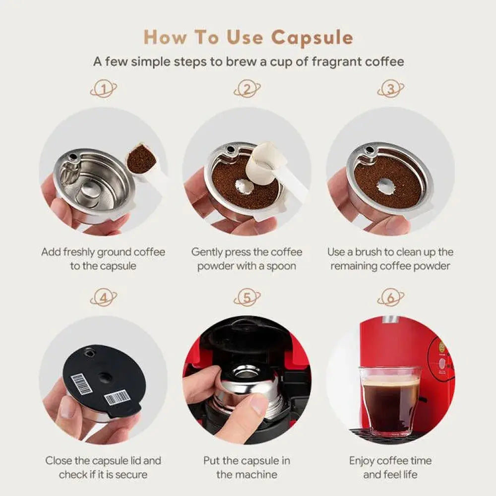 An instructional graphic titled 'How To Use Capsule' showing six numbered steps for brewing a cup of coffee using a capsule. The steps include adding ground coffee, pressing the capsule, cleaning the powder, closing the lid, putting the capsule into a red coffee machine, and enjoying the coffee.