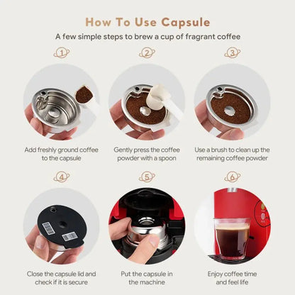 An instructional graphic titled 'How To Use Capsule' showing six numbered steps for brewing a cup of coffee using a capsule. The steps include adding ground coffee, pressing the capsule, cleaning the powder, closing the lid, putting the capsule into a red coffee machine, and enjoying the coffee.