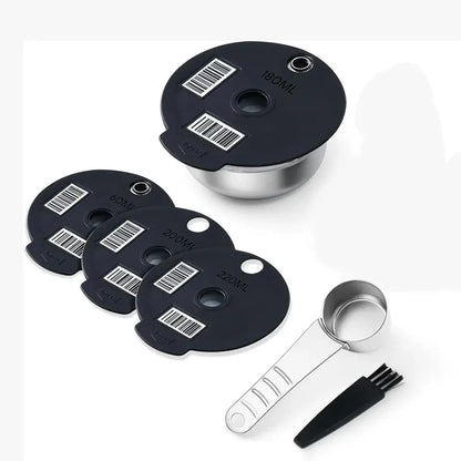 Set of black and silver kitchen components including measuring cups and lids on a white background