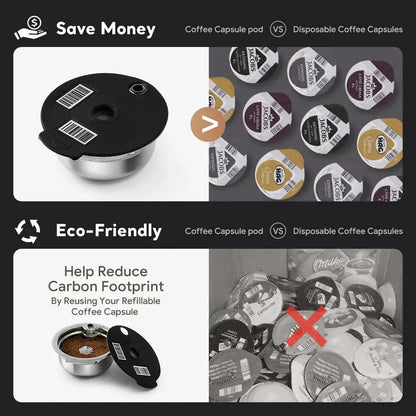 Comparison of coffee capsule pods and disposable coffee capsules with text on saving money and being eco-friendly.