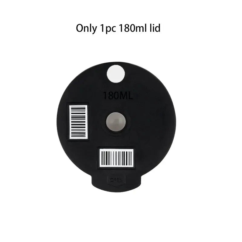 Black lid with '180ML' and barcode labels on a white background